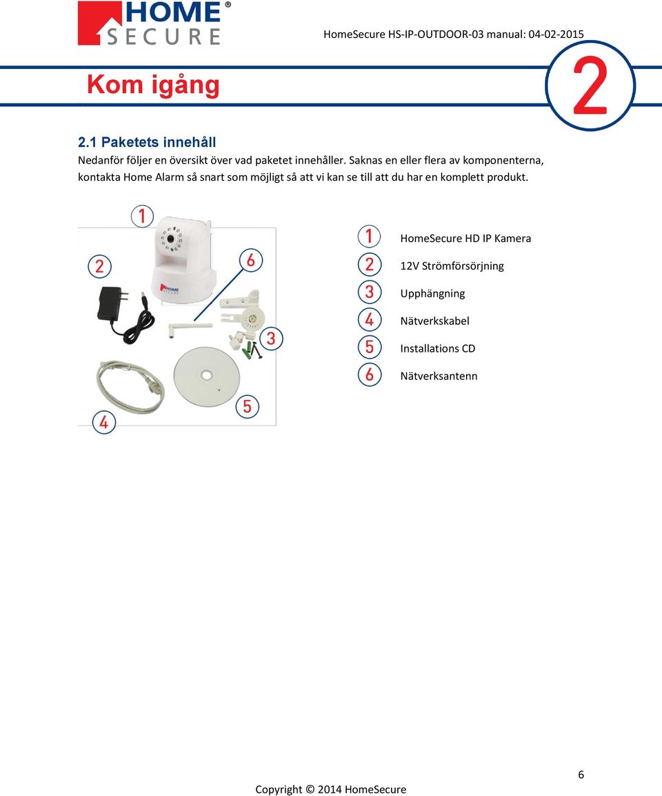 Saknas en eller flera av komponenterna, kontakta Home Alarm så snart som möjligt