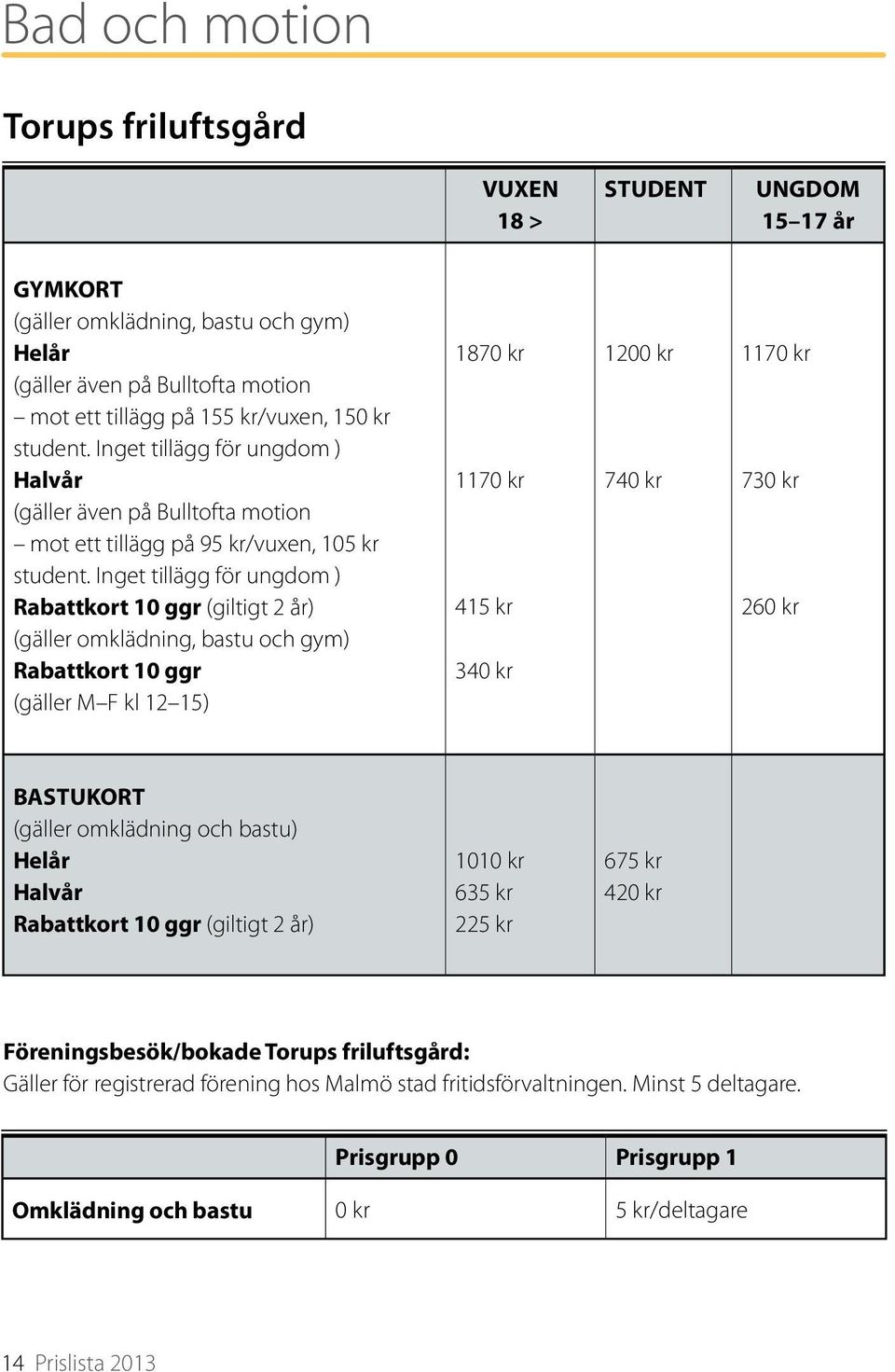 Inget tillägg för ungdom ) Rabattkort 10 ggr (giltigt 2 år) (gäller omklädning, bastu och gym) Rabattkort 10 ggr (gäller M F kl 12 15) 1870 kr 1170 kr 415 kr 340 kr 1200 kr 740 kr 1170 kr 730 kr 260