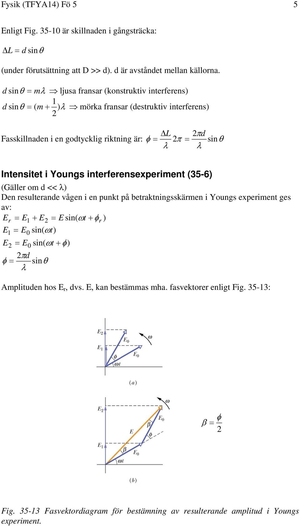 Intensitet i Youngs interferensexperiment (35-6) (Gäller om d << ) Den resulterande vågen i en punkt på betraktningsskärmen i Youngs experiment ges av: Er = E1 + E = E sin( ω t + φr