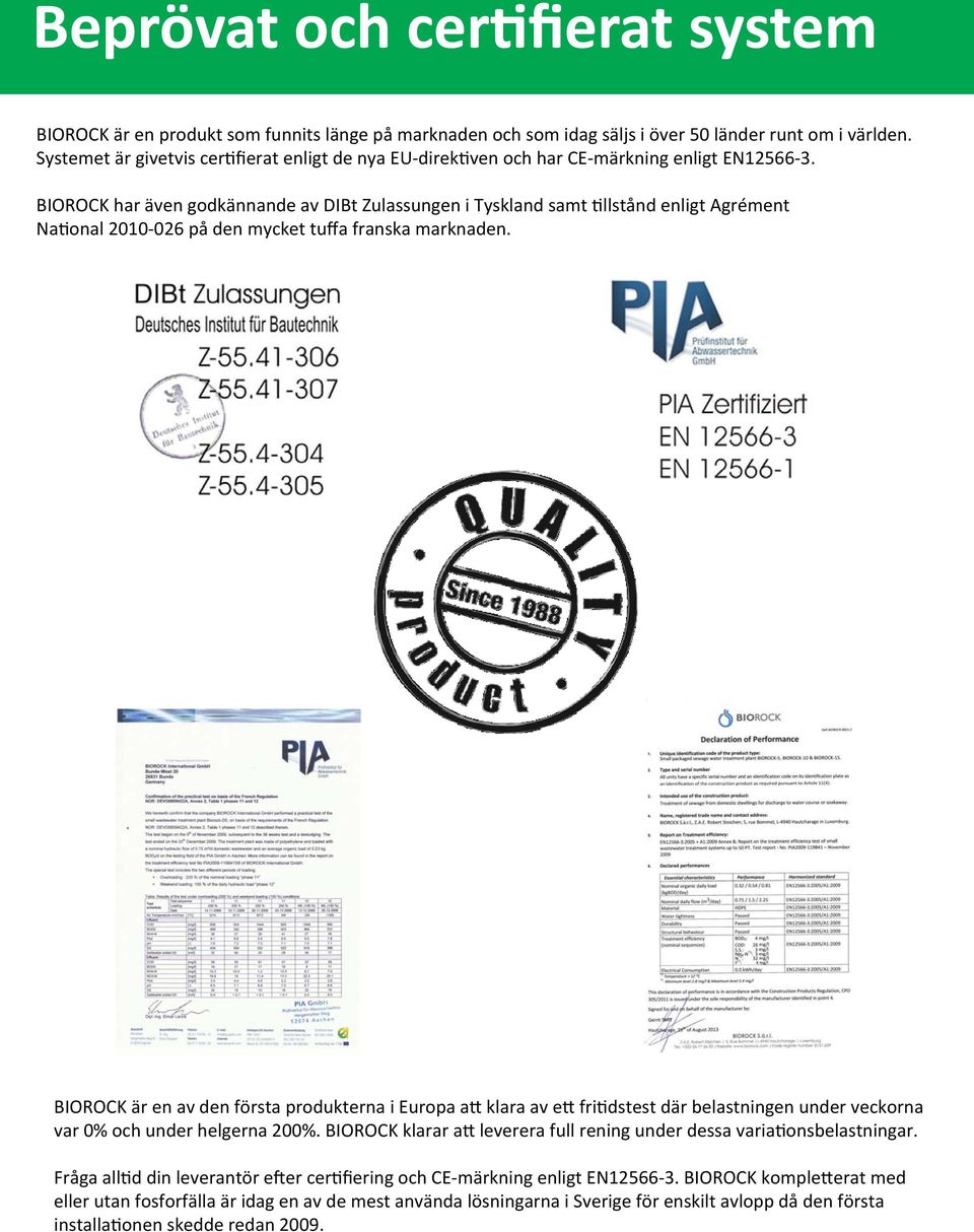 BIOROCK har även godkännande av DIBt Zulassungen i Tyskland samt llstånd enligt Agrément Na onal 2010-026 på den mycket tuffa franska marknaden.