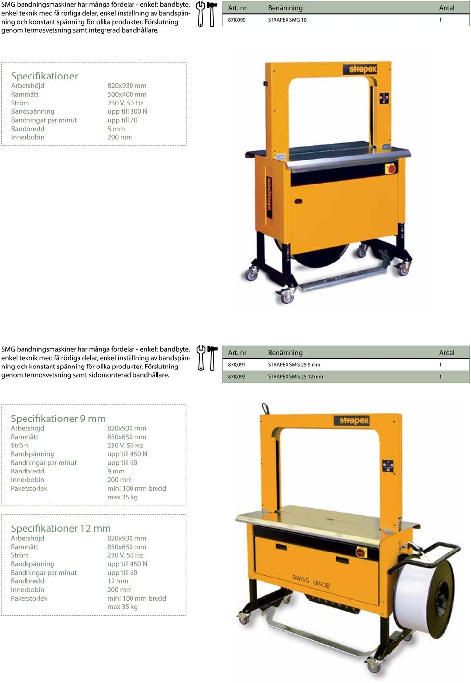 878,090 STRAPEX SMG 10 1 Arbetshöjd 820x930 mm Rammått 500x400 mm Ström 230 V, 50 Hz upp till 300 N Bandningar per minut upp till 70 Bandbredd 5 mm Innerbobin 200 mm  Förslutning genom termosvetsning