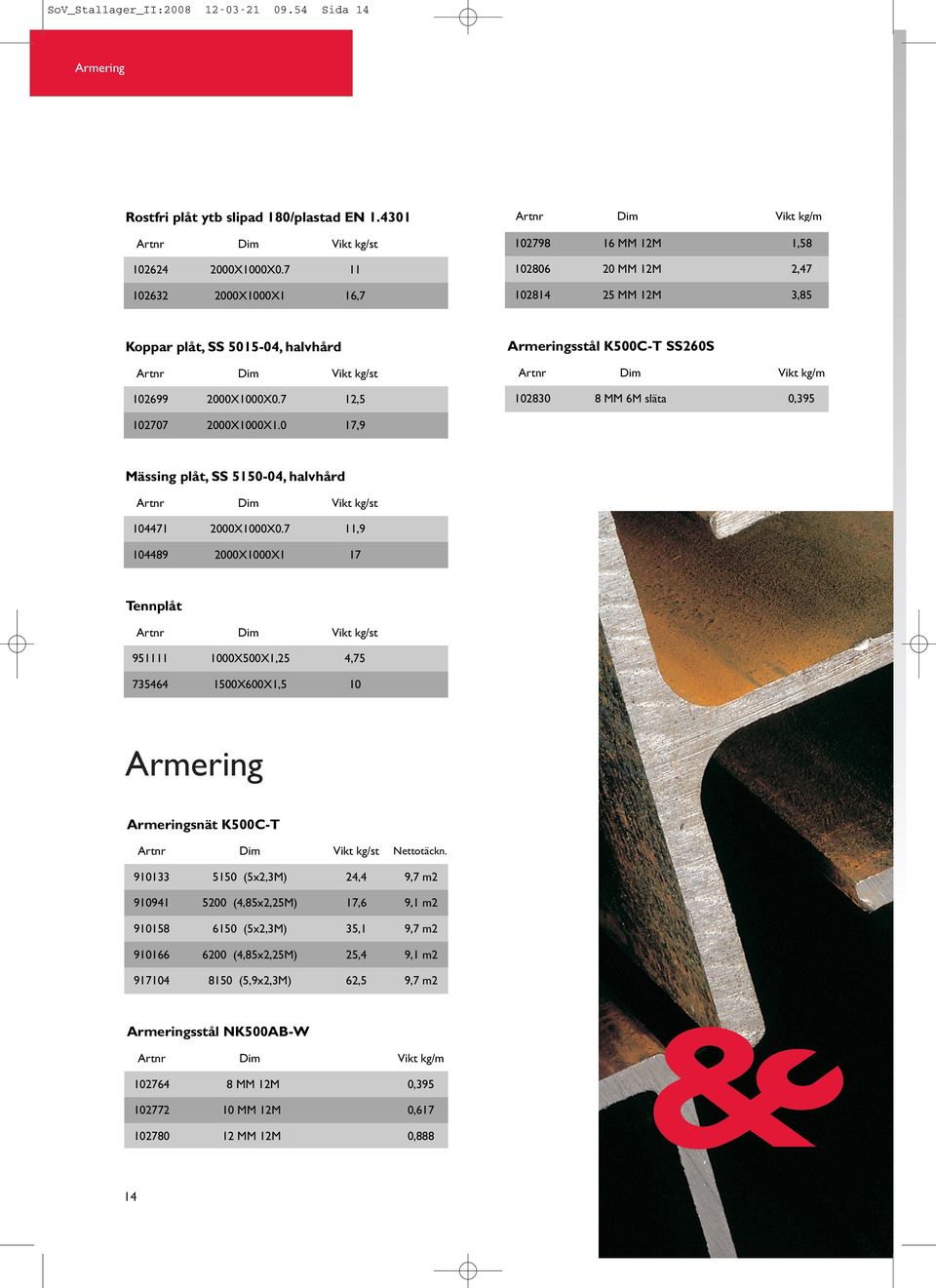 7 12,5 Armeringsstål K500C-T SS260S 102830 8 MM 6M släta 0,395 102707 2000X1000X1.0 17,9 Mässing plåt, SS 5150-04, halvhård 104471 2000X1000X0.