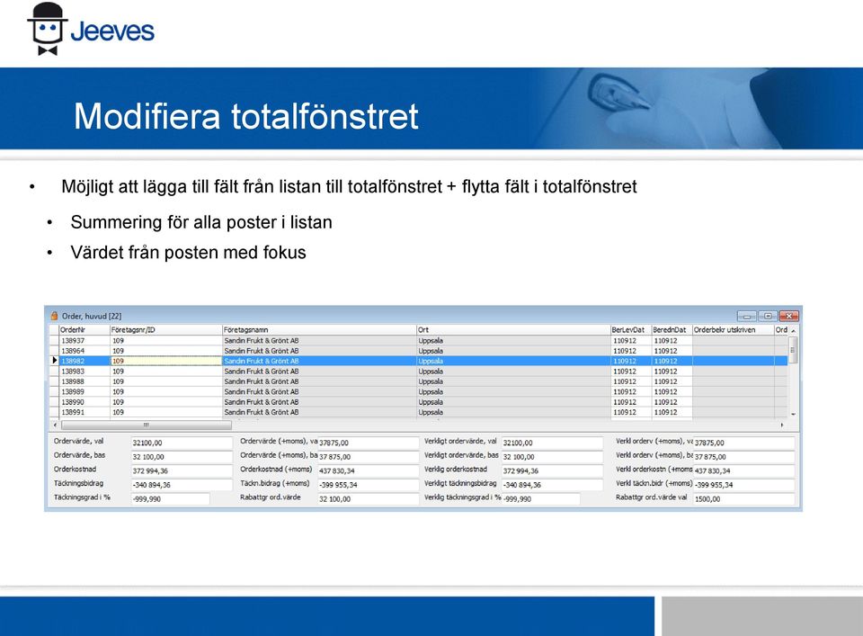 flytta fält i totalfönstret Summering för