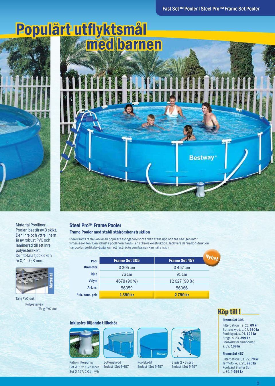 Material Tålig PVC-duk Polyesterväv Tålig PVC-duk Steel Pro Frame Pooler Frame Pooler med stabil stålrörskonstruktion Steel Pro Frame Pool är en populär säsongspool som enkelt ställs upp och tas ned