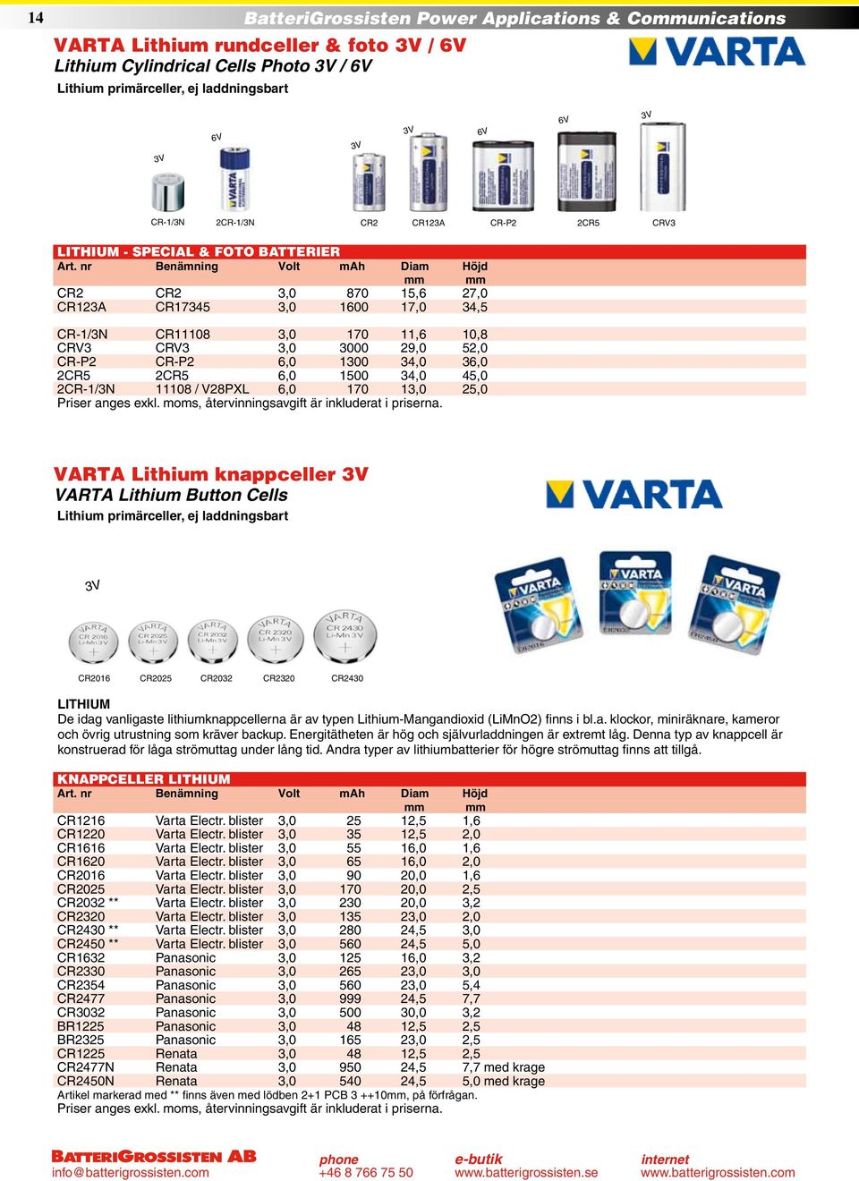 nr Benämning Volt mah Diam Höjd mm mm CR2 CR2 3,0 870 15,6 27,0 CR123A CR17345 3,0 1600 17,0 34,5 CR-1/3N CR11108 3,0 170 11,6 10,8 CRV3 CRV3 3,0 3000 29,0 52,0 CR-P2 CR-P2 6,0 1300 34,0 36,0 2CR5