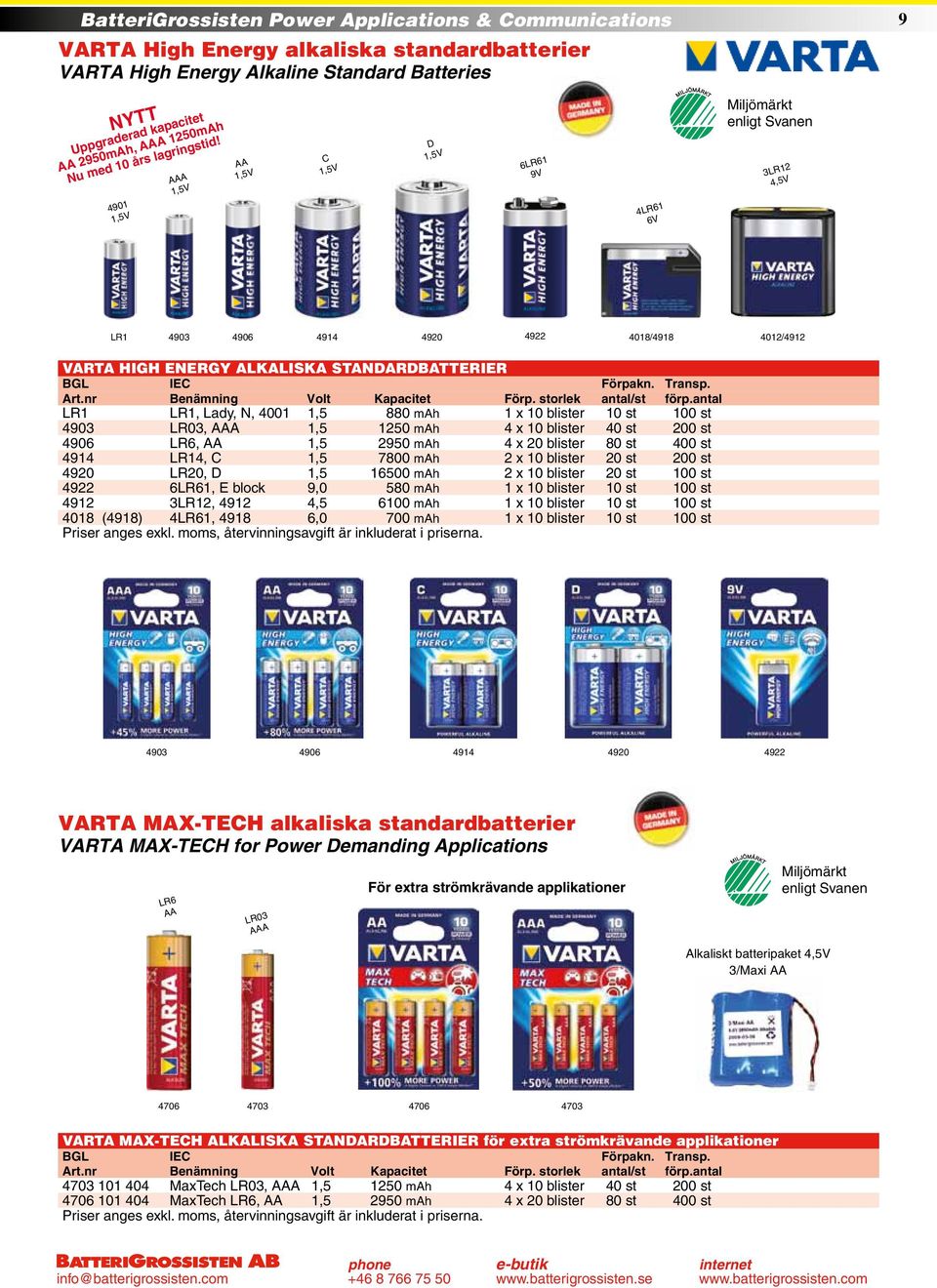 4901 1,5V AAA 1,5V AA 1,5V C 1,5V D 1,5V 6LR61 9V 4LR61 6V Miljömärkt enligt Svanen 3LR12 4,5V LR1 4903 4906 4914 4920 4922 4018/4918 4012/4912 VARTA HIGH ENERGY ALKALISKA STANDARDBATTERIER BGL IEC