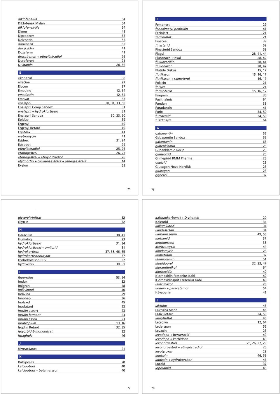 Ergenyl 49 Ergenyl Retard 49 Ery-Max 41 erytromycin 41 Esidrex 31, 34 Estradot 29 etinylöstradiol 25, 26 etonogestrel 26, 27 etonogestrel + etinylöstradiol 26 etylmorfin + cocillanaextrakt +