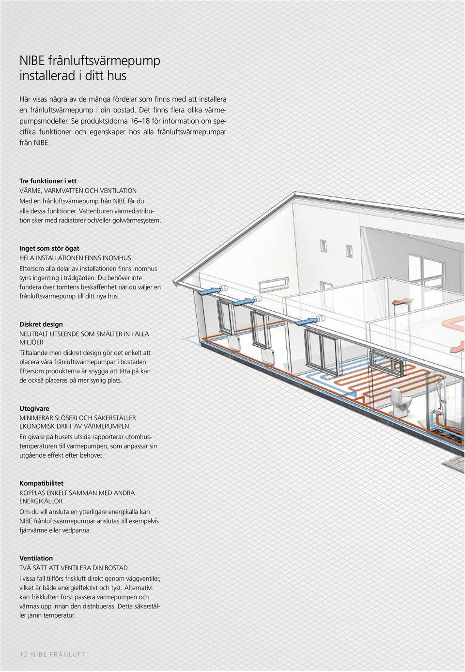 Tre funktioner i ett Värme, VARMVATTEN och ventilation Med en frånluftsvärmepump från NIBE får du alla dessa funktioner. Vattenburen värmedistribution sker med radiatorer och/eller golvvärmesystem.