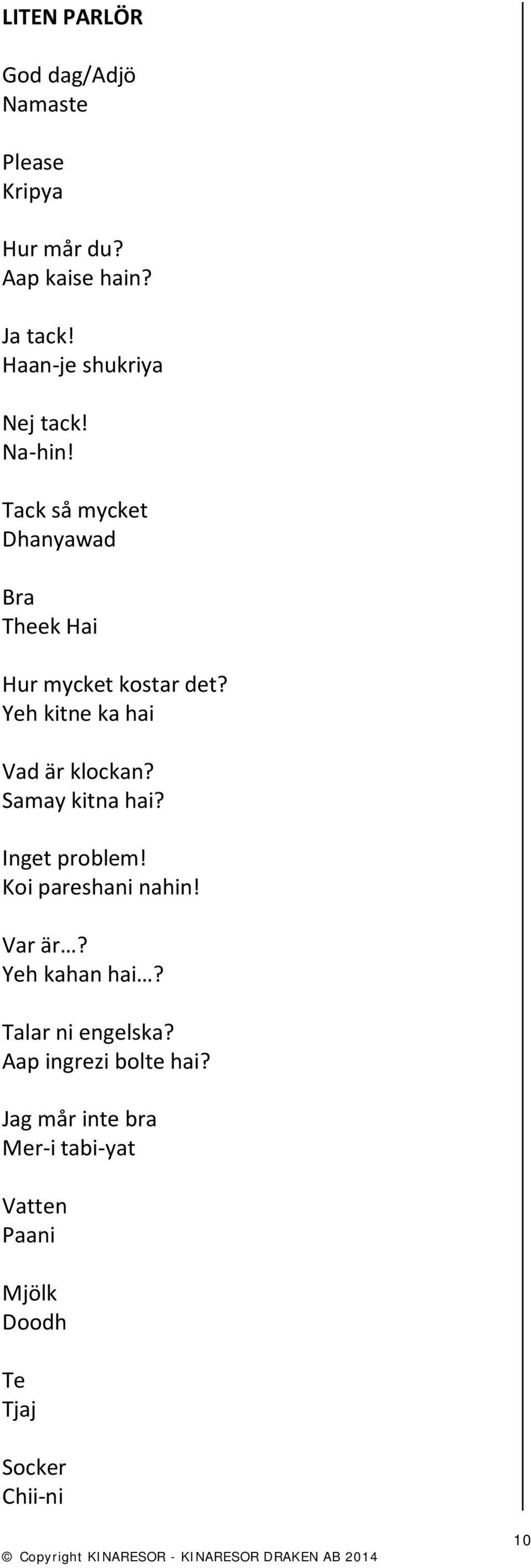 Yeh kitne ka hai Vad är klockan? Samay kitna hai? Inget problem! Koi pareshani nahin! Var är?