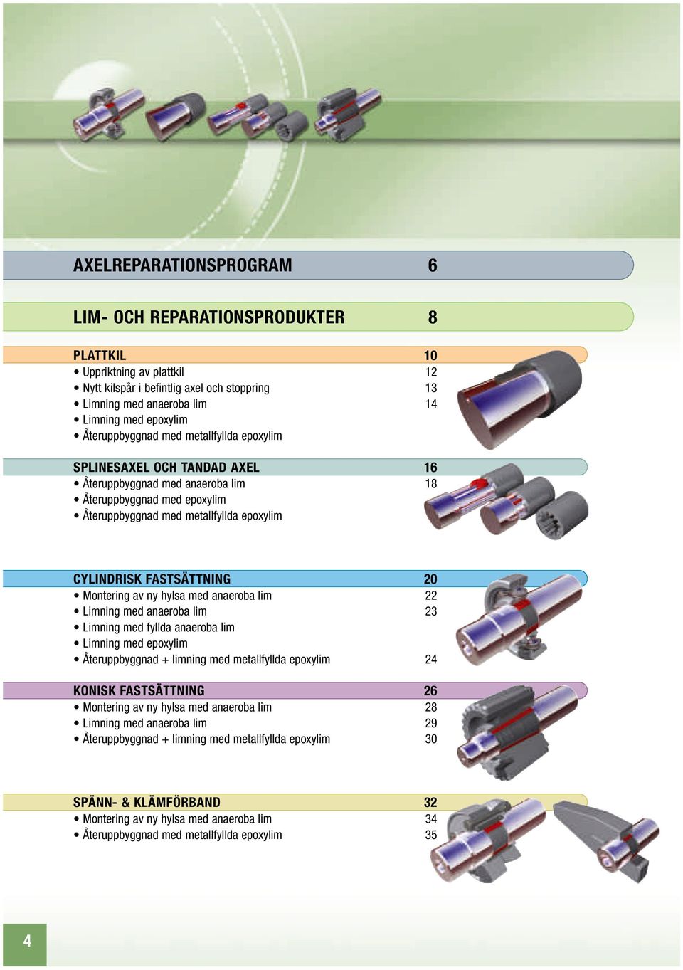 20 Montering av ny hylsa med anaeroba lim 22 Limning med anaeroba lim 23 Limning med fyllda anaeroba lim Limning med epoxylim Återuppbyggnad + limning med metallfyllda epoxylim 24 KONISK FASTSÄTTNING