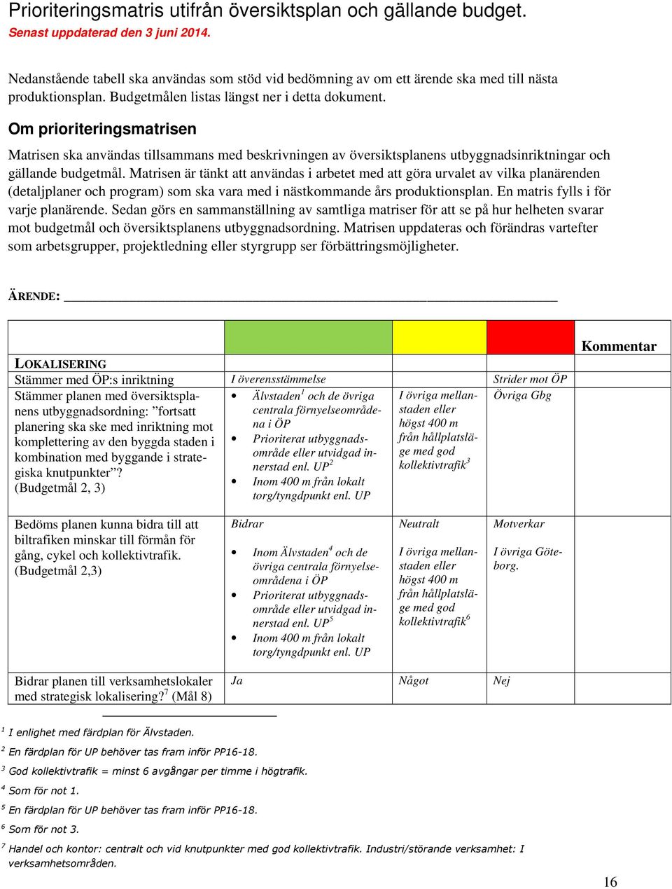 Om prioriteringsmatrisen Matrisen ska användas tillsammans med beskrivningen av översiktsplanens utbyggnadsinriktningar och gällande budgetmål.