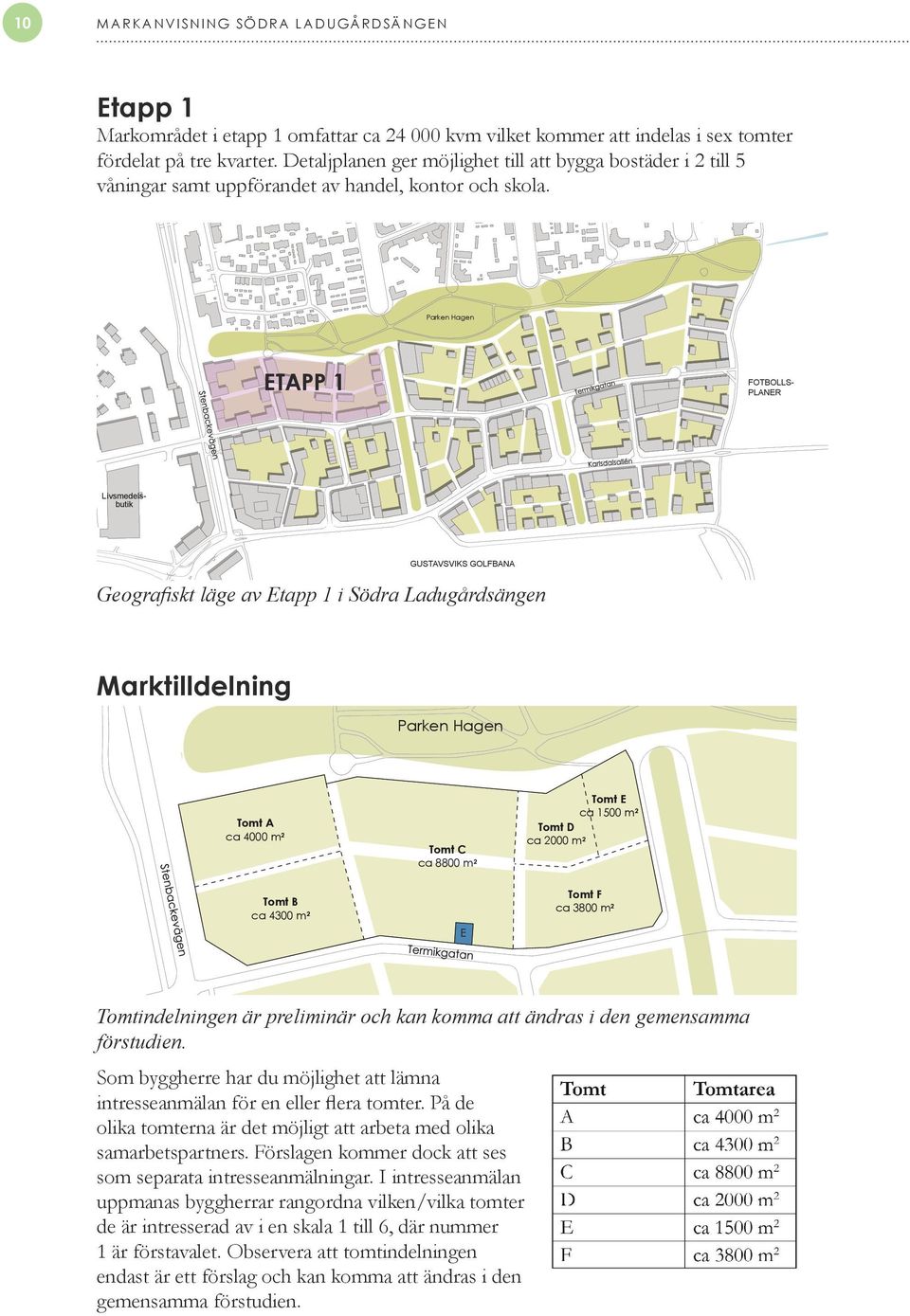 Parken Hagen ETAPP 1 FOTBOLLS- PLANER GUSTAVSVIKS GOLFBANA Geografiskt läge av Etapp 1 i Södra Ladugårdsängen Marktilldelning Parken Hagen Tomt A ca 4000 m 2 Tomt B ca 4300 m 2 Tomt C ca 8800 m 2 E