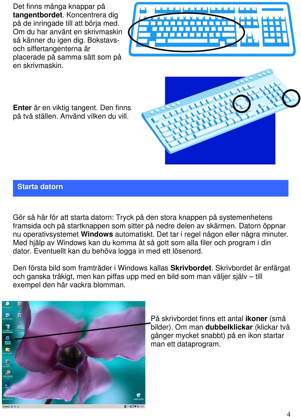 Starta datorn Gör så här för att starta datorn: Tryck på den stora knappen på systemenhetens framsida och på startknappen som sitter på nedre delen av skärmen.