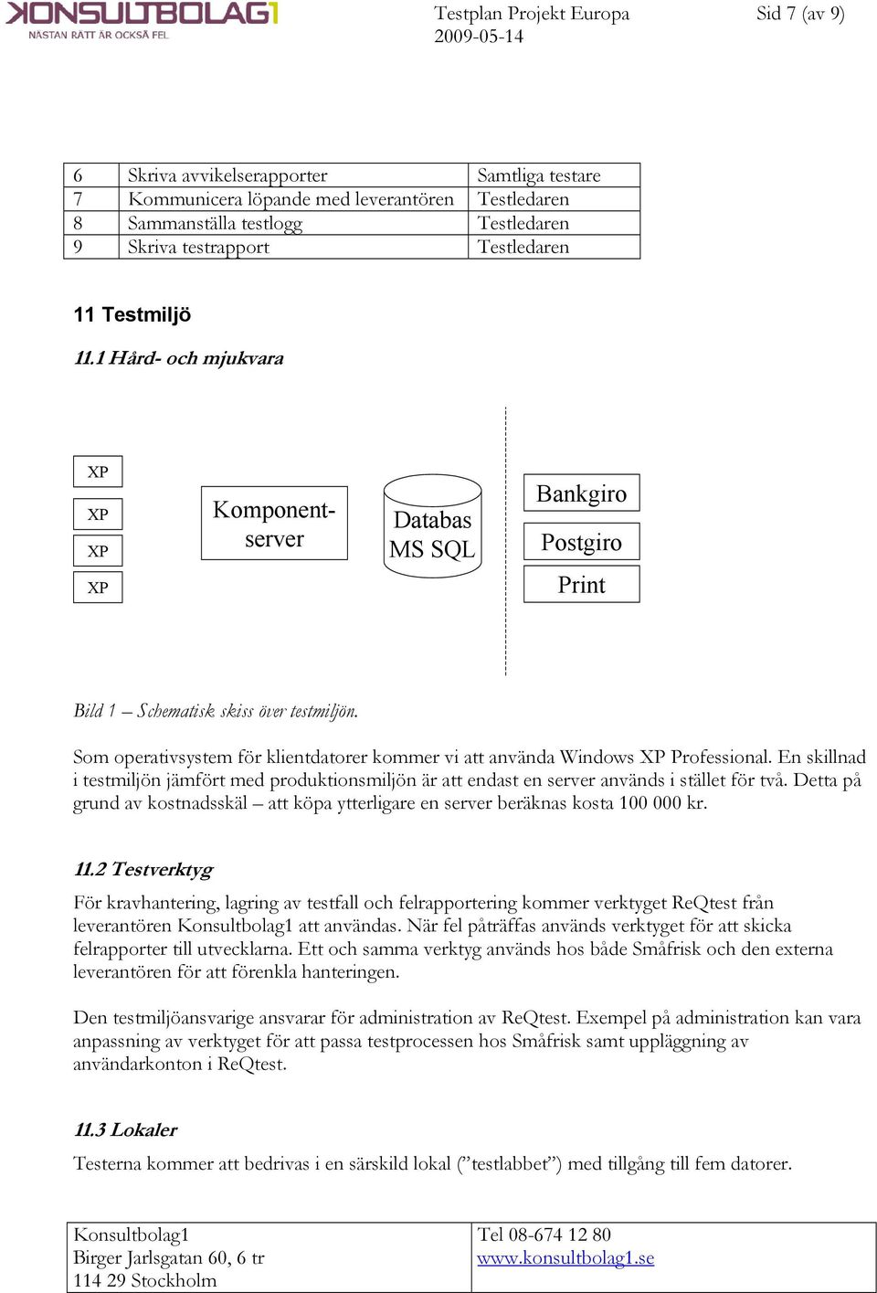 Som operativsystem för klientdatorer kommer vi att använda Windows XP Professional. En skillnad i testmiljön jämfört med produktionsmiljön är att endast en server används i stället för två.