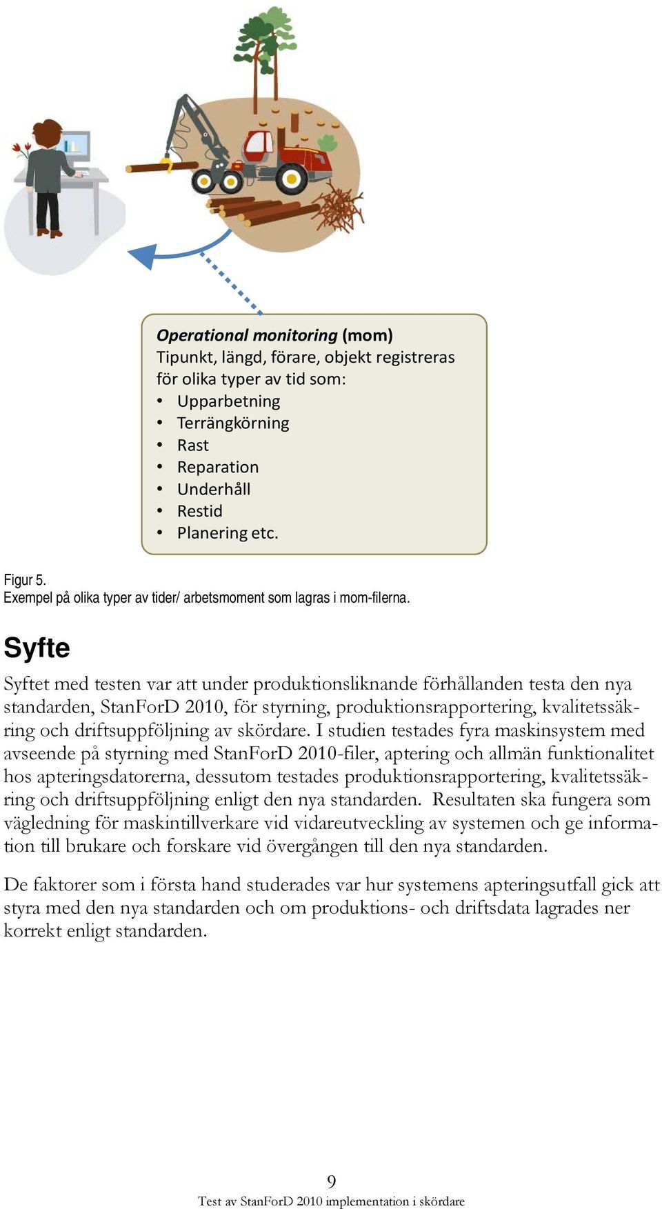 Syfte Syftet med testen var att under produktionsliknande förhållanden testa den nya standarden, StanForD 2010, för styrning, produktionsrapportering, kvalitetssäkring och driftsuppföljning av