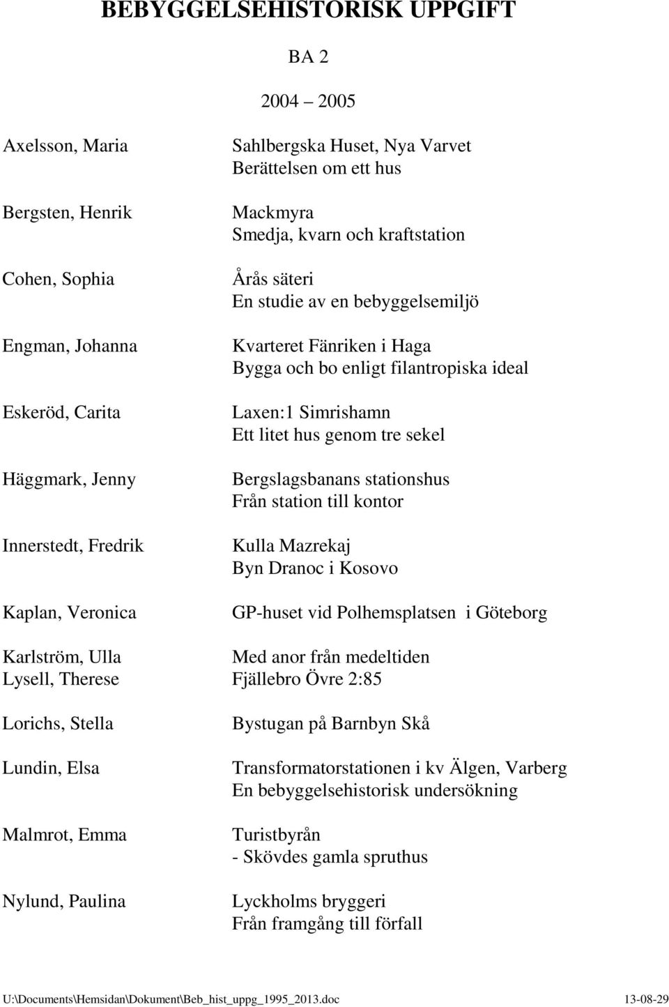 Bergslagsbanans stationshus Från station till kontor Kulla Mazrekaj Byn Dranoc i Kosovo GP-huset vid Polhemsplatsen i Göteborg Karlström, Ulla Med anor från medeltiden Lysell, Therese Fjällebro Övre