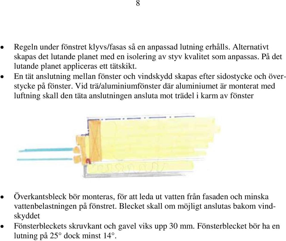 Vid trä/aluminiumfönster där aluminiumet är monterat med luftning skall den täta anslutningen ansluta mot trädel i karm av fönster Överkantsbleck bör monteras, för att leda