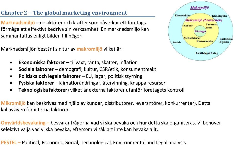 Marknadsmiljön består i sin tur av makromiljö vilket är: Ekonomiska faktorer tillväxt, ränta, skatter, inflation Sociala faktorer demografi, kultur, CSR/etik, konsumentmakt Politiska och legala