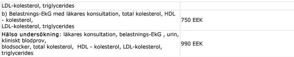 undersökning: läkares konsultation, belastnings EkG, urin, kliniskt blodprov,