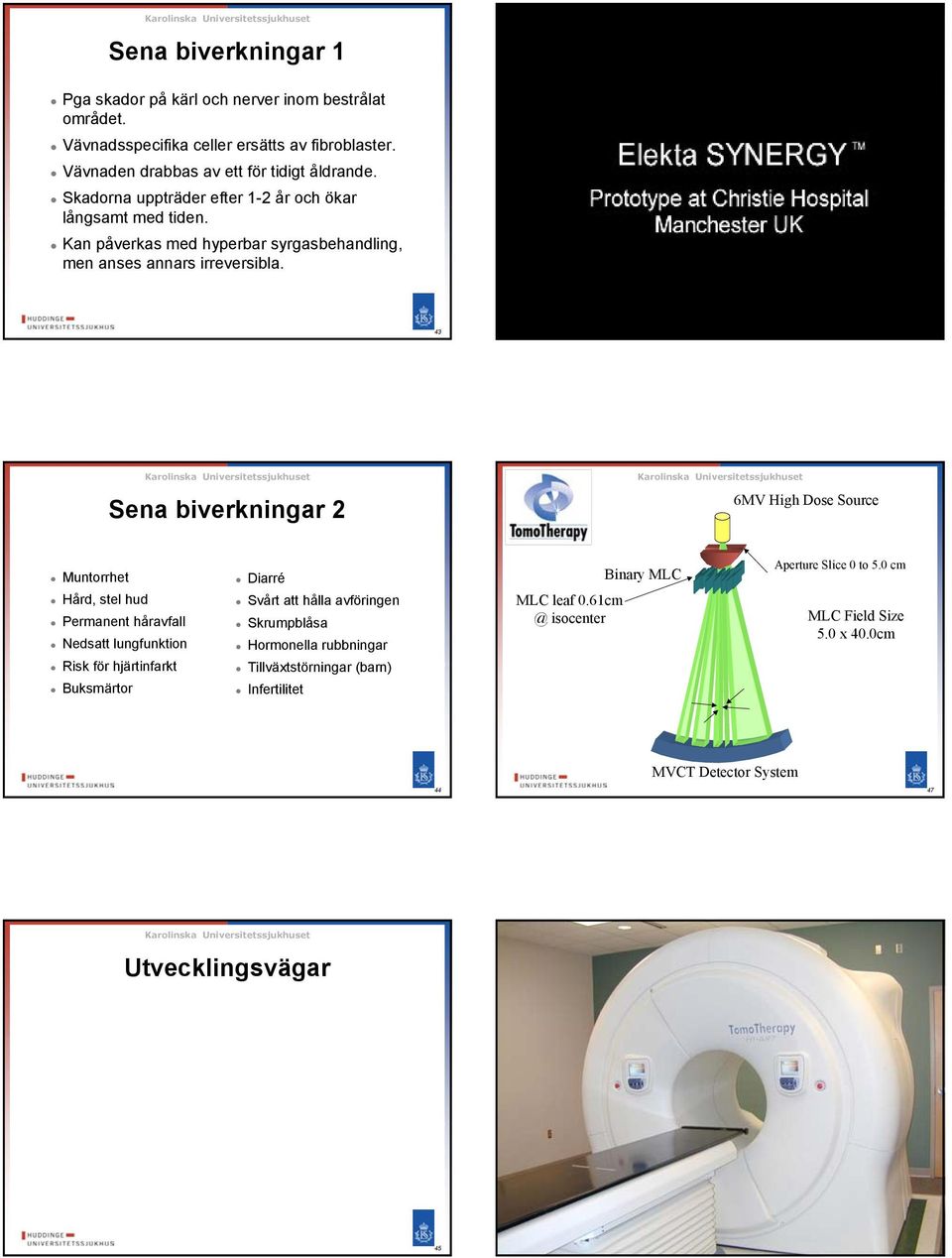 46 Sena biverkningar 2 6MV High Dose Source Muntorrhet Hård, stel hud Permanent håravfall Nedsatt lungfunktion Diarré Svårt att hålla avföringen Skrumpblåsa Hormonella