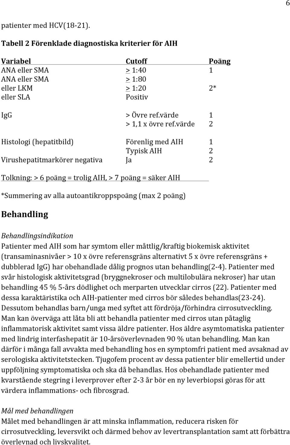 värde 2 Histologi (hepatitbild) Förenlig med AIH 1 Typisk AIH 2 Virushepatitmarkörer negativa Ja 2 Tolkning: > 6 poäng = trolig AIH, > 7 poäng = säker AIH *Summering av alla autoantikroppspoäng (max