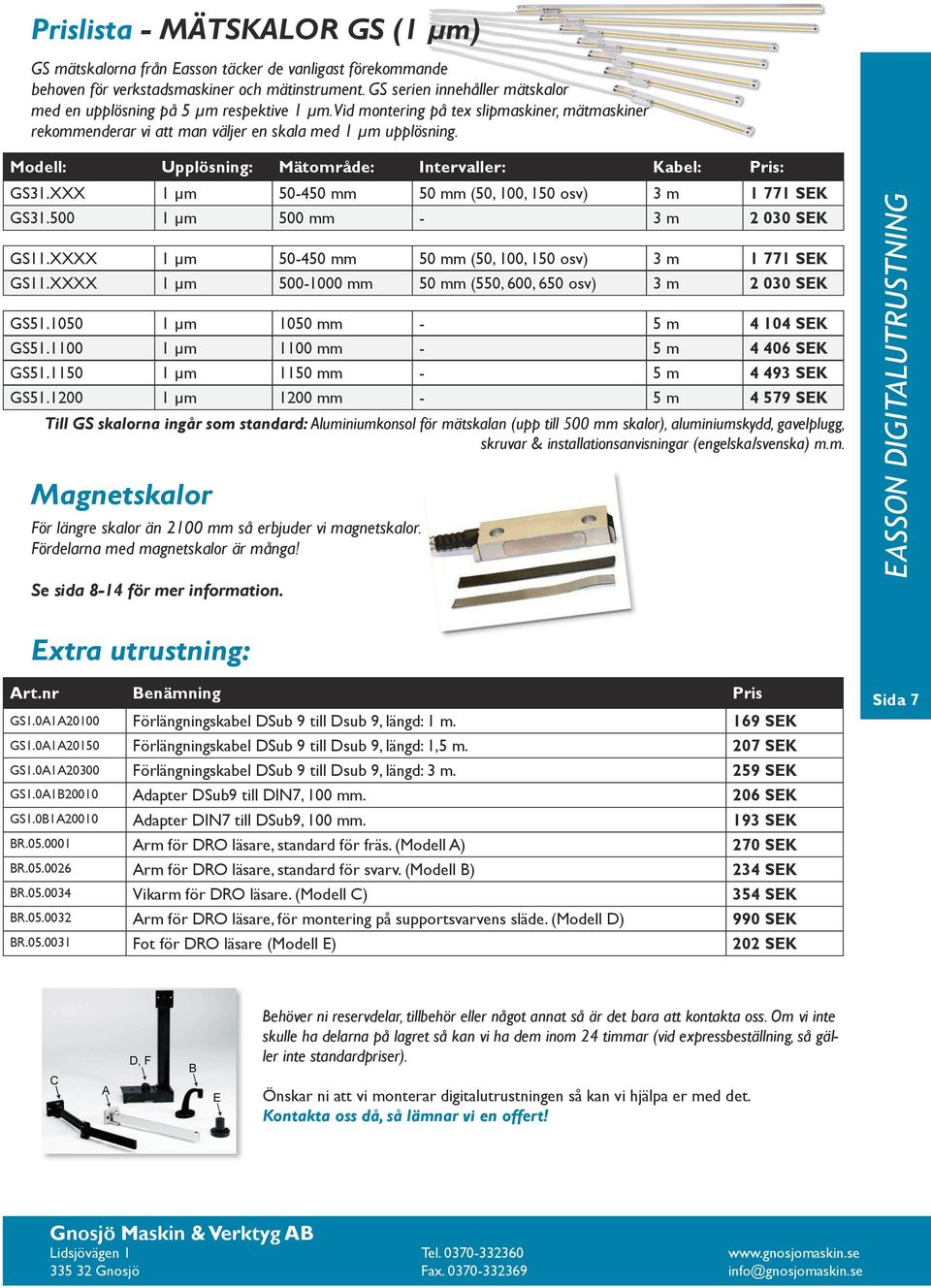 Modell: Upplösning: Mätområde: Intervaller: Kabel: Pris: GS31.XXX 1 μm 50-450 mm 50 mm (50, 100, 150 osv) 3 m 1 771 SEK GS31.500 1 μm 500 mm - 3 m 2 030 SEK GS11.