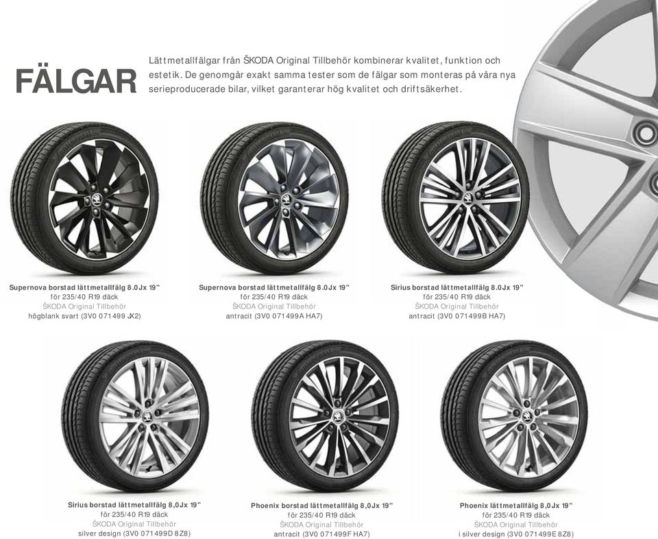 0J x 19" för 235/40 R19 däck högblank svart (3V0 071 499 JX2) Supernova borstad lättmetallfälg 8.0J x 19" för 235/40 R19 däck antracit (3V0 071 499A HA7) Sirius borstad lättmetallfälg 8.