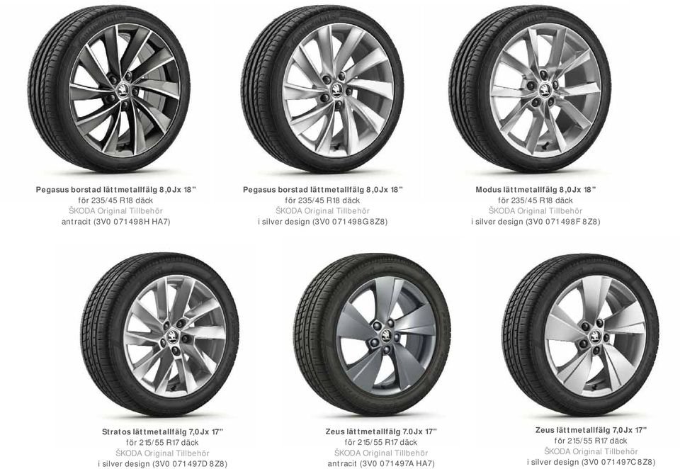 498F 8Z8) Stratos lättmetallfälg 7,0J x 17" för 215/55 R17 däck i silver design (3V0 071 497D 8Z8) Zeus lättmetallfälg 7.