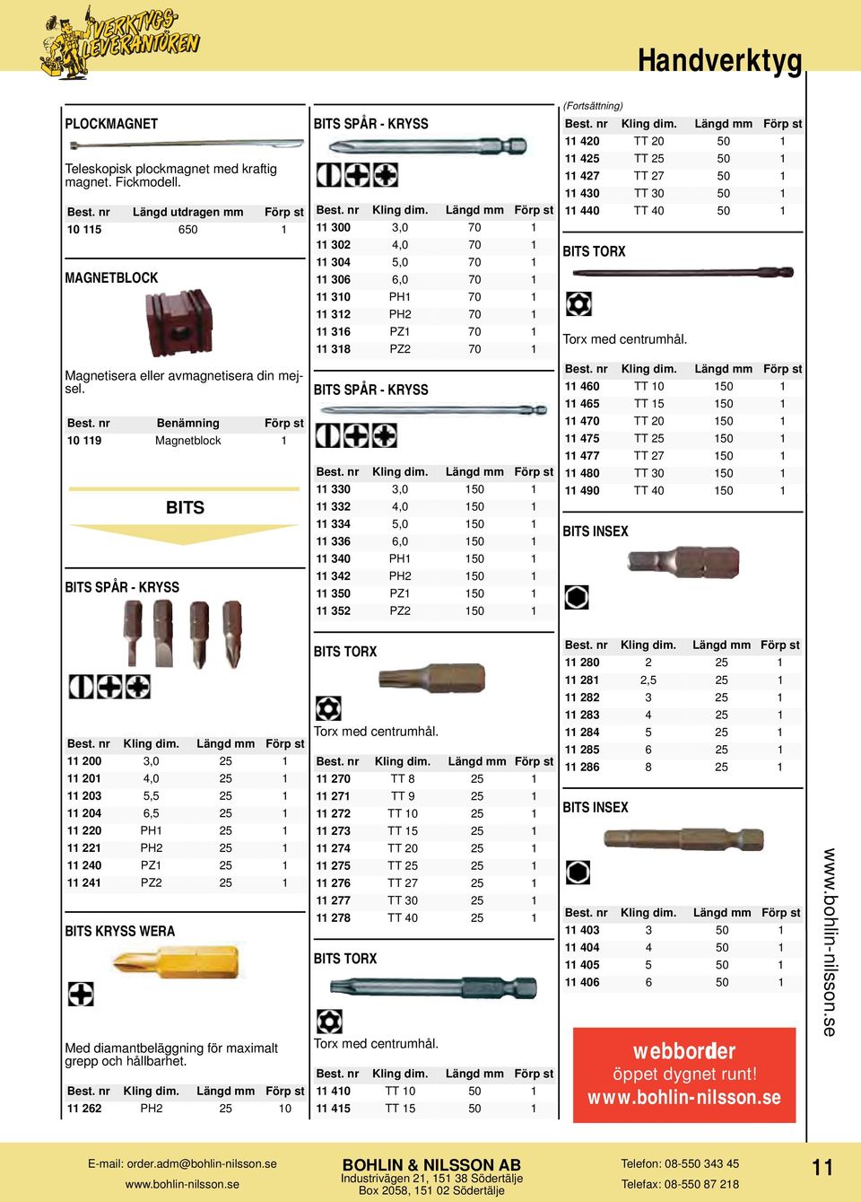 Längd 11 420 TT 20 50 1 11 425 TT 25 50 1 11 427 TT 27 50 1 11 430 TT 30 50 1 11 440 TT 40 50 1 BITS TORX Torx med centrumhål. Magnetisera eller avmagnetisera din mejsel.