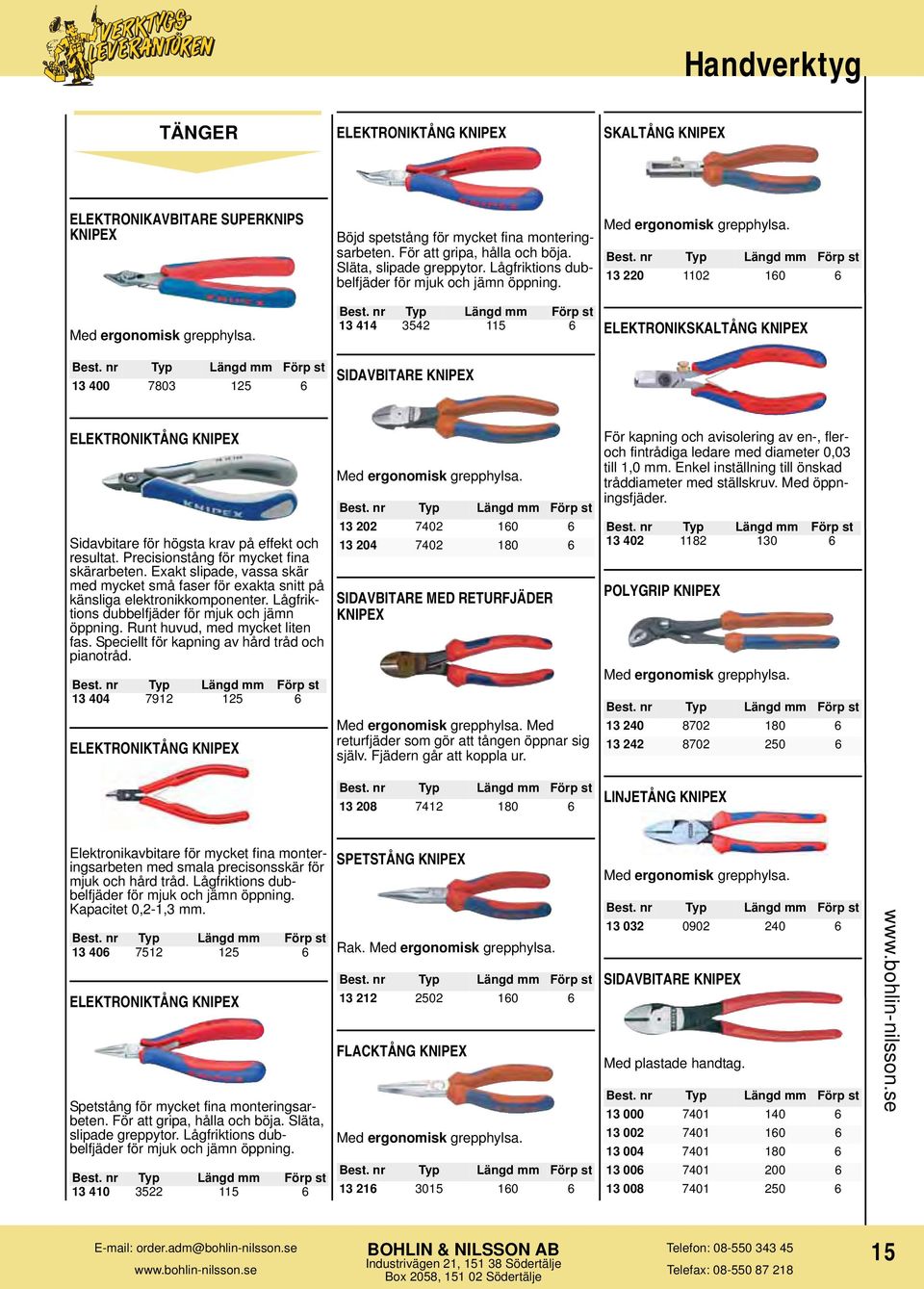 nr Typ Längd 13 400 7803 125 6 SIDAVBITARE KNIPEX ELEKTRONIKTÅNG KNIPEX Sidavbitare för högsta krav på effekt och resultat. Precisionstång för mycket fina skärarbeten.