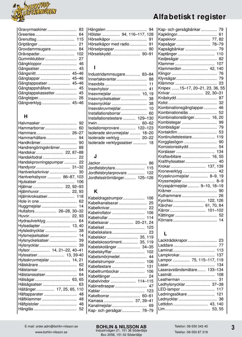 .. 94 Handkrämer... 90 Handrengöringskrämer... 89 Handskar... 22, 87 88 Handskfodral... 22 Handskprovningspumpar... 22 Handyxor... 31 32 Hantverkarknivar... 30 Hantverksbyxor... 86 87, 103 Hjulsatser.