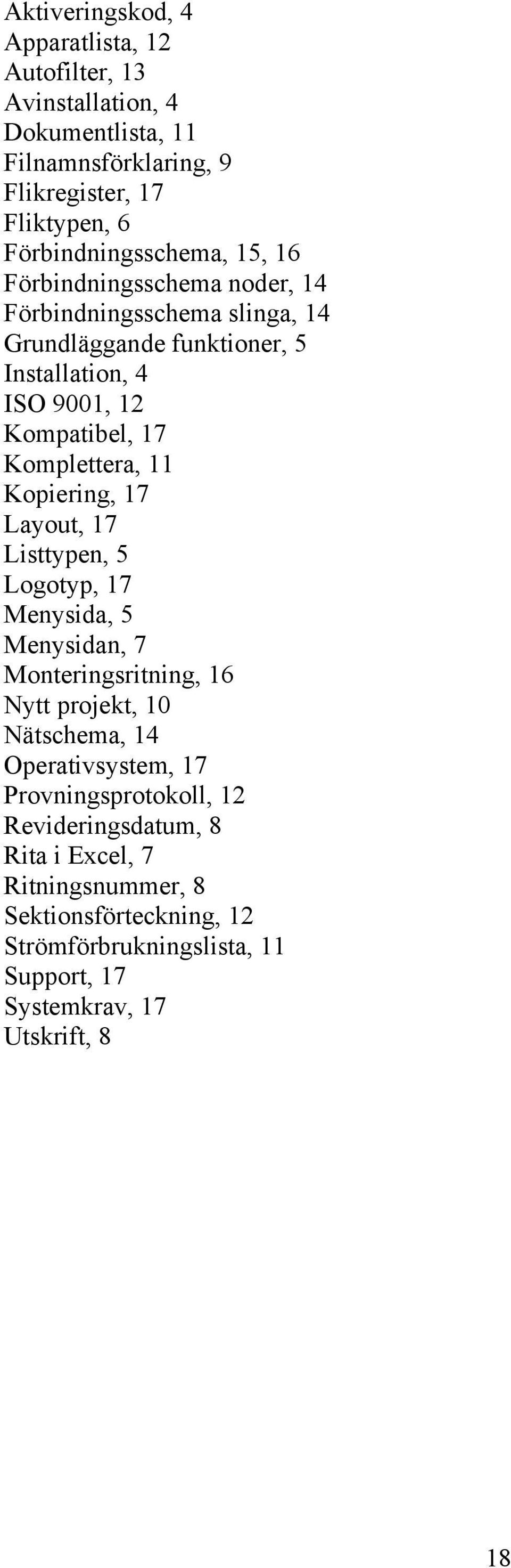 17 Komplettera, 11 Kopiering, 17 Layout, 17 Listtypen, 5 Logotyp, 17 Menysida, 5 Menysidan, 7 Monteringsritning, 16 Nytt projekt, 10 Nätschema, 14