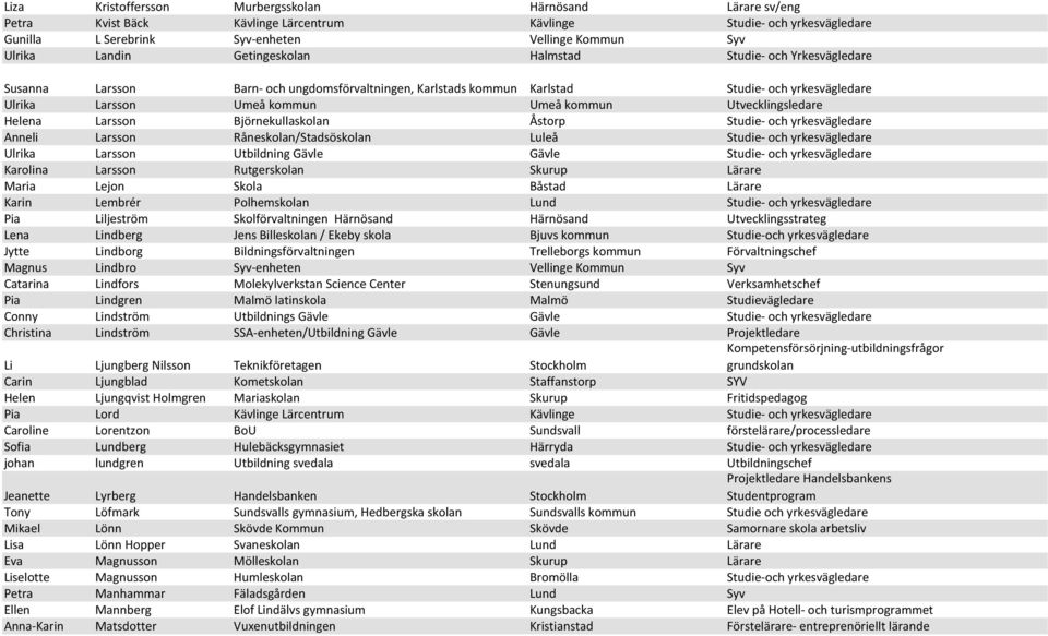 Utvecklingsledare Helena Larsson Björnekullaskolan Åstorp Studie- och yrkesvägledare Anneli Larsson Råneskolan/Stadsöskolan Luleå Studie- och yrkesvägledare Ulrika Larsson Utbildning Gävle Gävle