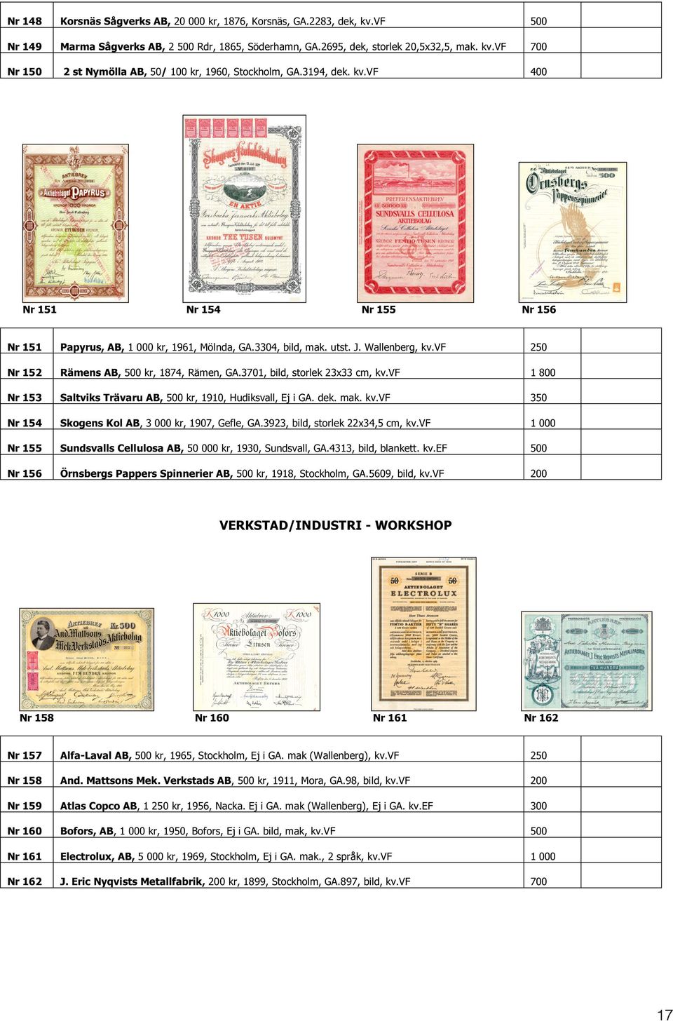 3701, bild, storlek 23x33 cm, kv.vf 1 800 Nr 153 Saltviks Trävaru AB, 500 kr, 1910, Hudiksvall, Ej i GA. dek. mak. kv.vf 350 Nr 154 Skogens Kol AB, 3 000 kr, 1907, Gefle, GA.