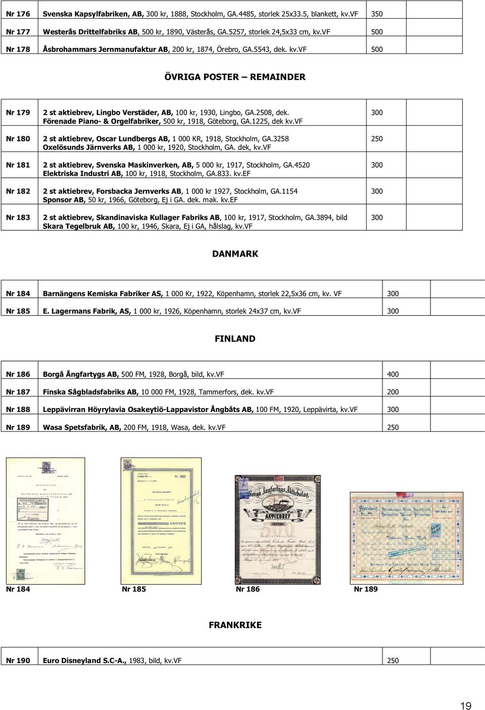 vf 500 ÖVRIGA POSTER REMAINDER Nr 179 Nr 180 Nr 181 Nr 182 Nr 183 2 st aktiebrev, Lingbo Verstäder, AB, 100 kr, 1930, Lingbo, GA.2508, dek. Förenade Piano- & Orgelfabriker, 500 kr, 1918, Göteborg, GA.