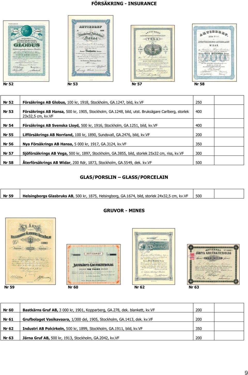 2476, bild, kv.vf 200 Nr 56 Nya Försäkrings AB Hansa, 5 000 kr, 1917, GA.3124, kv.vf 350 Nr 57 Sjöförsäkrings AB Vega, 500 kr, 1897, Stockholm, GA.3855, bild, storlek 25x32 cm, riss, kv.