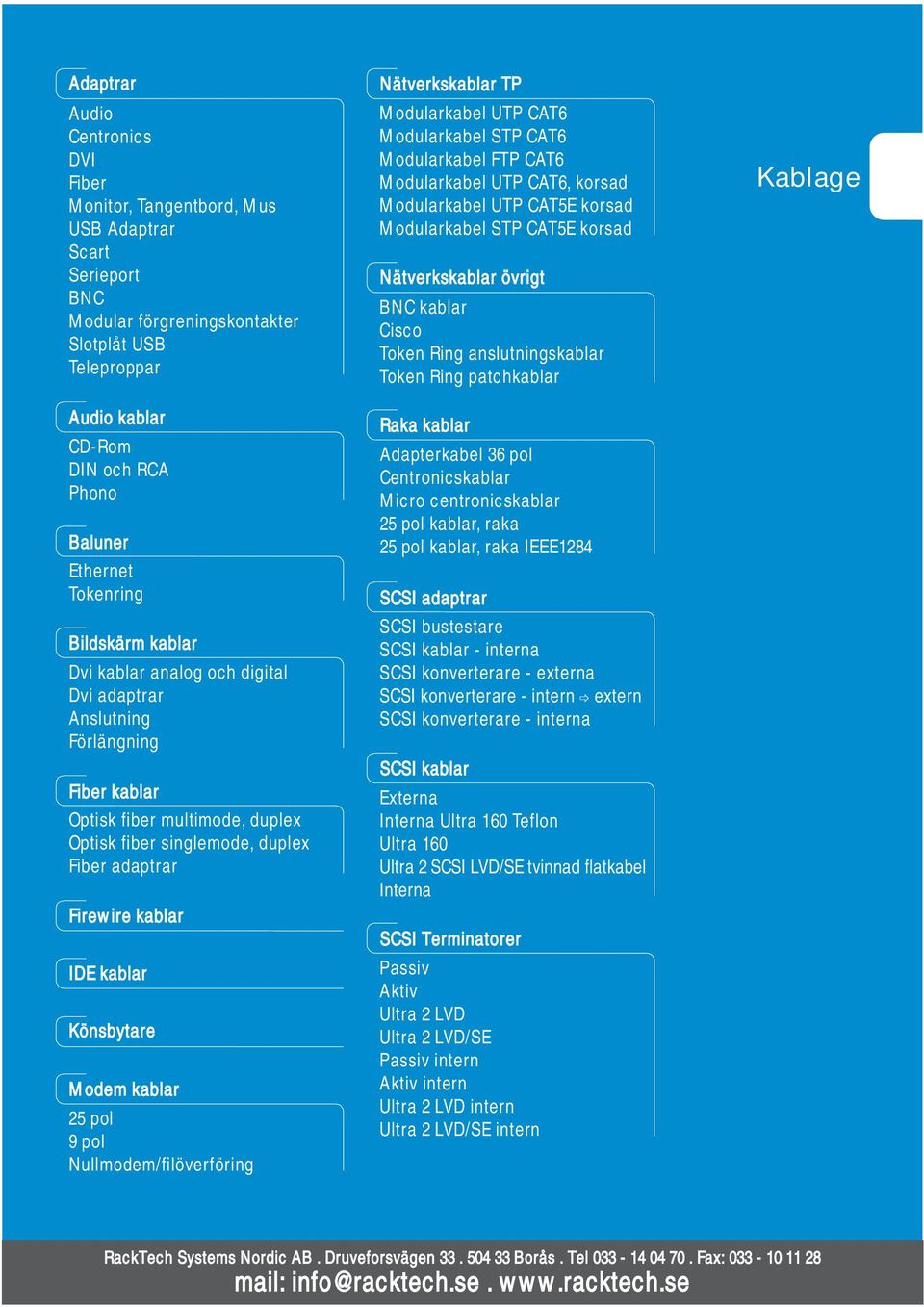 Firewire kablar IDE kablar Könsbytare Modem kablar 25 pol 9 pol Nullmodem/filöverföring Nätverkskablar TP Modularkabel UTP CAT6 Modularkabel STP CAT6 Modularkabel FTP CAT6 Modularkabel UTP CAT6,