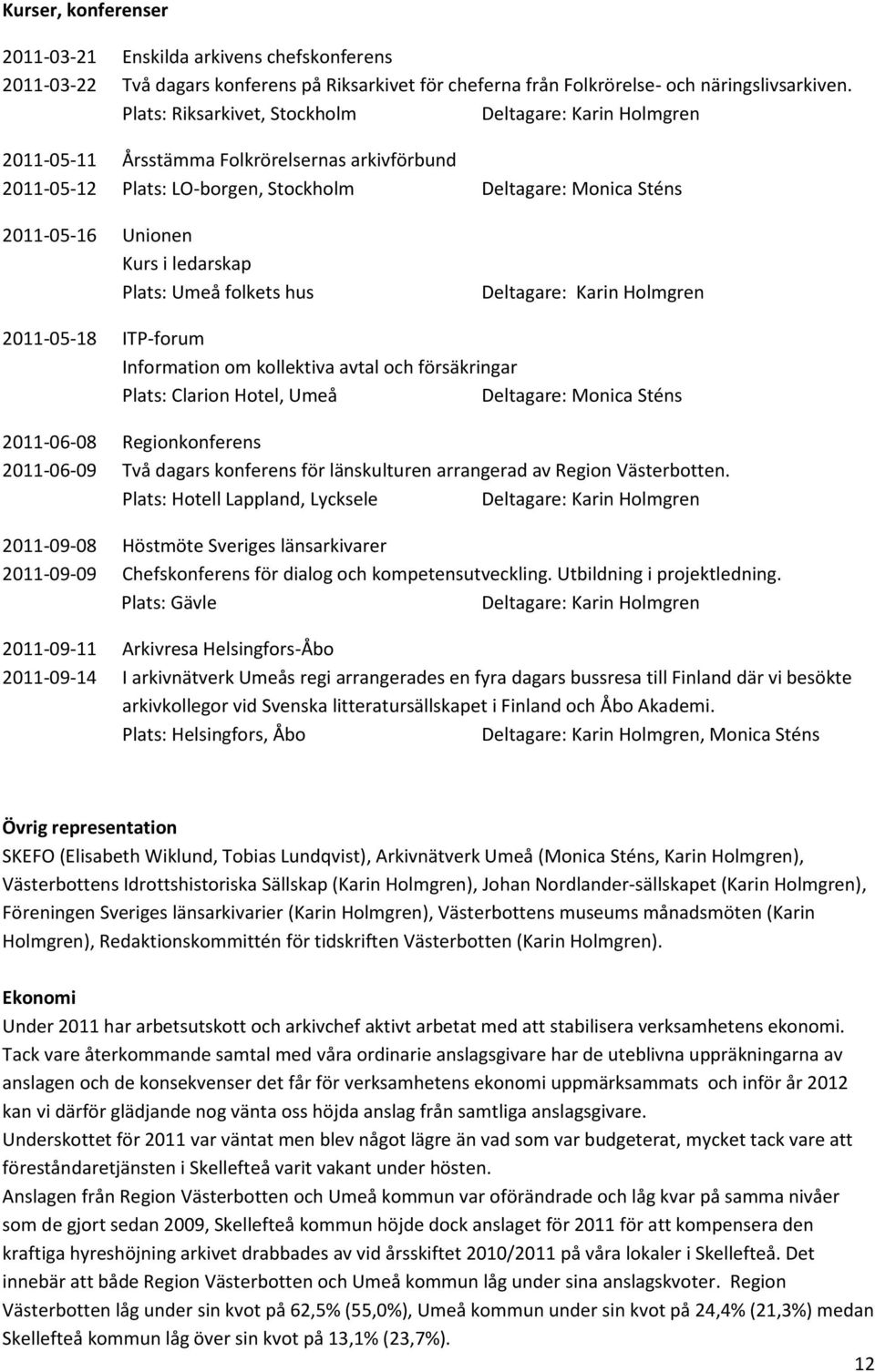 ledarskap Plats: Umeå folkets hus Deltagare: Karin Holmgren 2011-05-18 ITP-forum Information om kollektiva avtal och försäkringar Plats: Clarion Hotel, Umeå Deltagare: Monica Sténs 2011-06-08