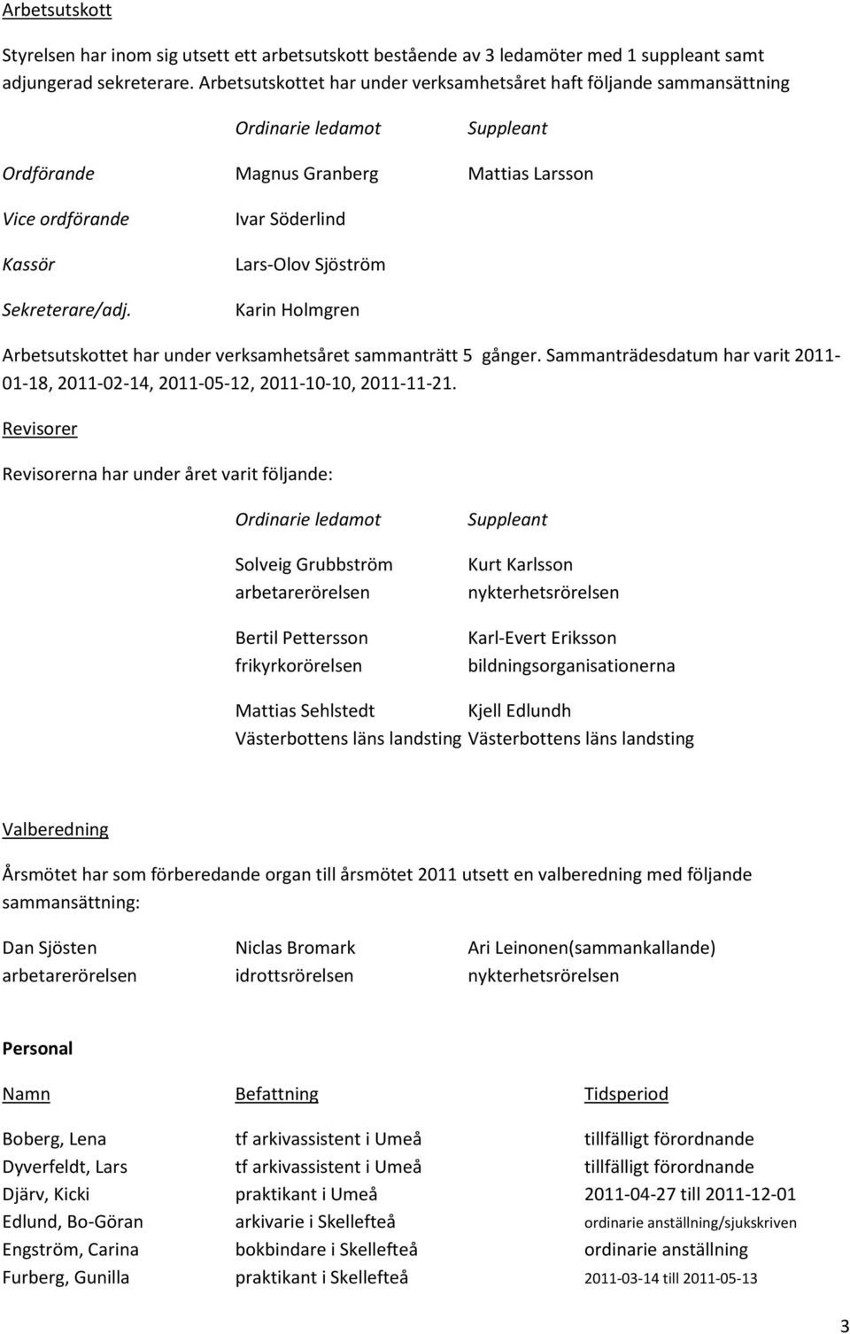 Ivar Söderlind Lars-Olov Sjöström Karin Holmgren Arbetsutskottet har under verksamhetsåret sammanträtt 5 gånger. Sammanträdesdatum har varit 2011-01-18, 2011-02-14, 2011-05-12, 2011-10-10, 2011-11-21.