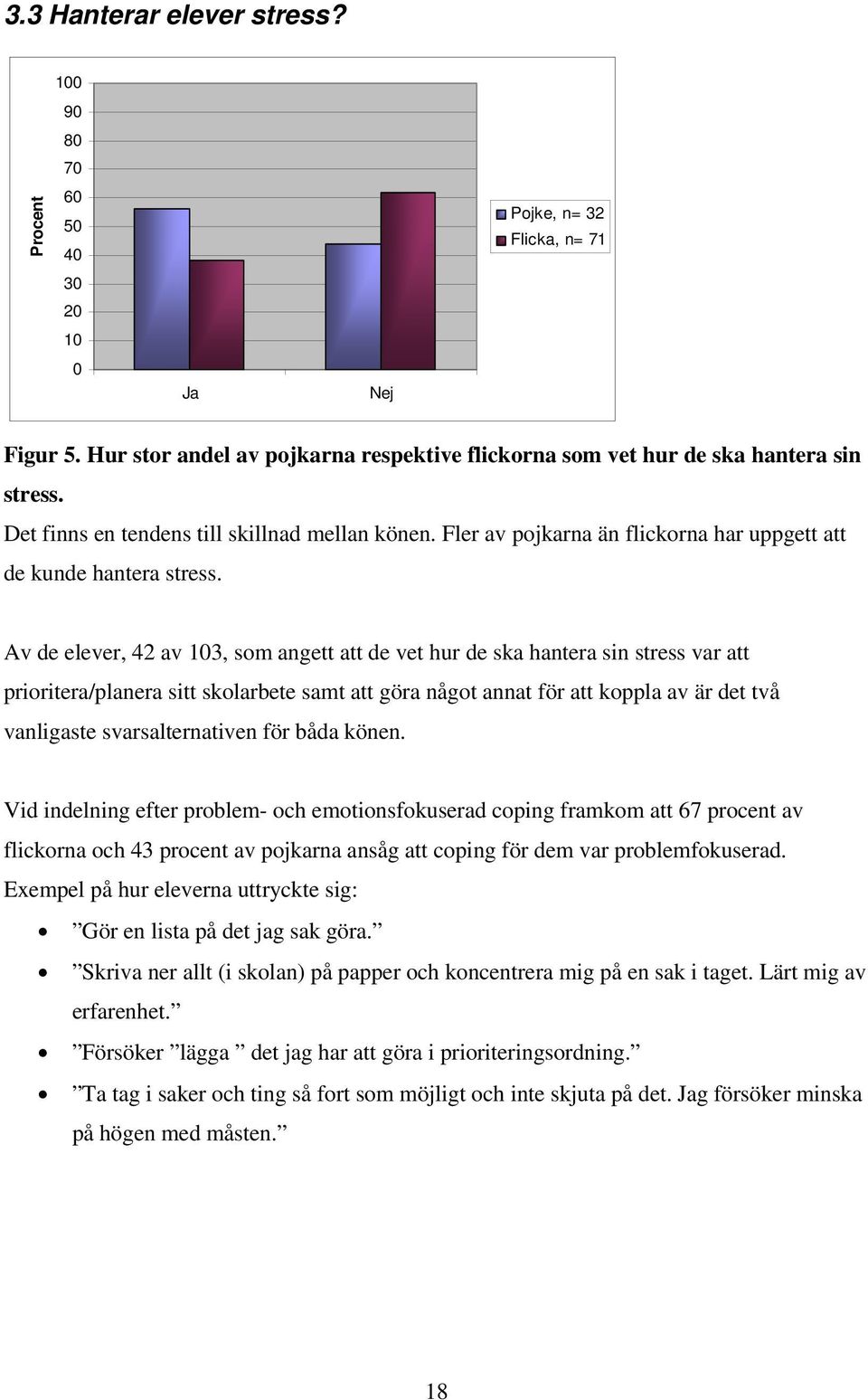 Av de elever, 42 av 103, som angett att de vet hur de ska hantera sin stress var att prioritera/planera sitt skolarbete samt att göra något annat för att koppla av är det två vanligaste