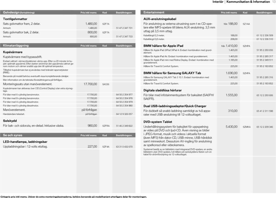 800,00 51 47 2 347 731 51 47 2 347 733 För anslutning av externa utrustning som t ex CDspelare eller MP3spelare till bilens AUXanslutning. 3,5 mm uttag på 3,5 mm uttag. från 8,00 Kabellängd 0,3 meter.