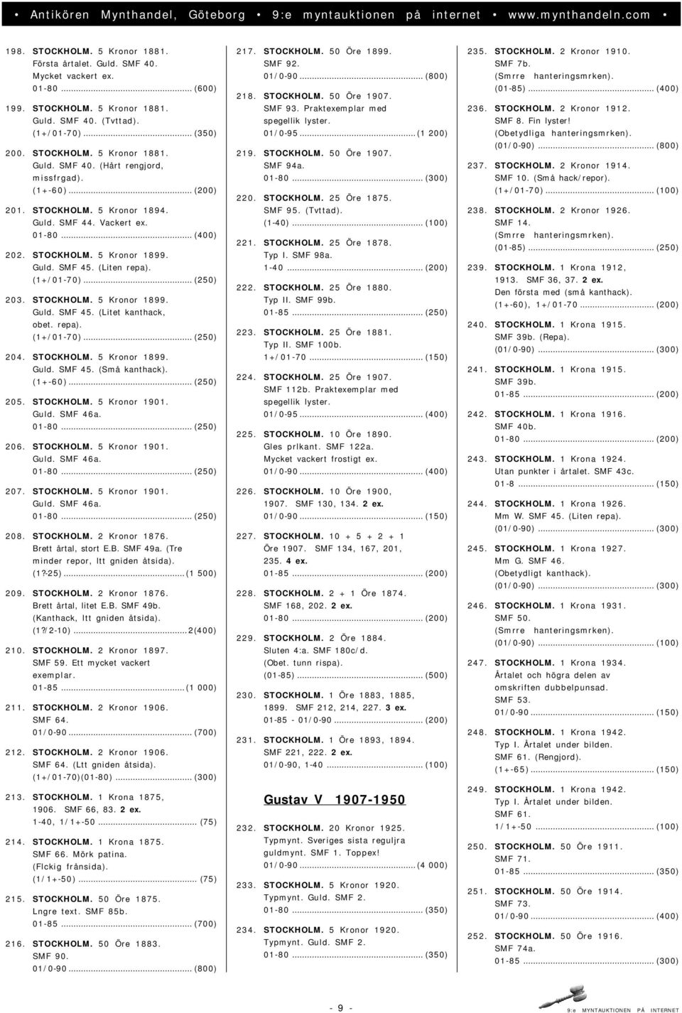 repa). (1+/01-70)... (250) 204. STOCKHOLM. 5 Kronor 1899. Guld. SMF 45. (Små kanthack). (1+-60)... (250) 205. STOCKHOLM. 5 Kronor 1901. Guld. SMF 46a. 01-80... (250) 206. STOCKHOLM. 5 Kronor 1901. Guld. SMF 46a. 01-80... (250) 207.