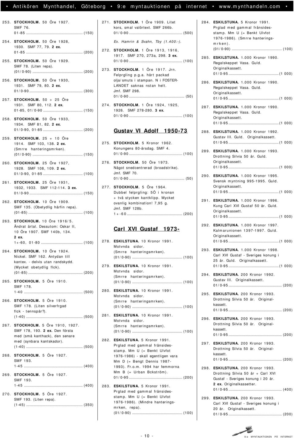 .. (200) 259. STOCKHOLM. 25 + 10 Öre 1914. SMF 103, 138. 2 ex. (01/0-90)... (150) 260. STOCKHOLM. 25 Öre 1927, 1928. SMF 108, 109. 2 ex. 01/0-90, 01-85... (100) 261. STOCKHOLM. 25 Öre 1931, 1932, 1933.