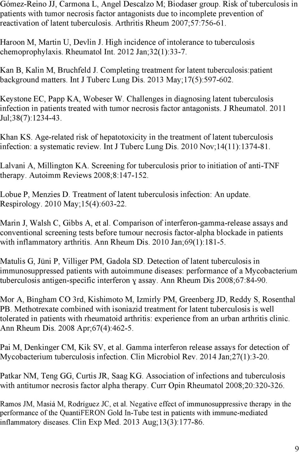 Haroon M, Martin U, Devlin J. High incidence of intolerance to tuberculosis chemoprophylaxis. Rheumatol Int. 2012 Jan;32(1):33-7. Kan B, Kalin M, Bruchfeld J.