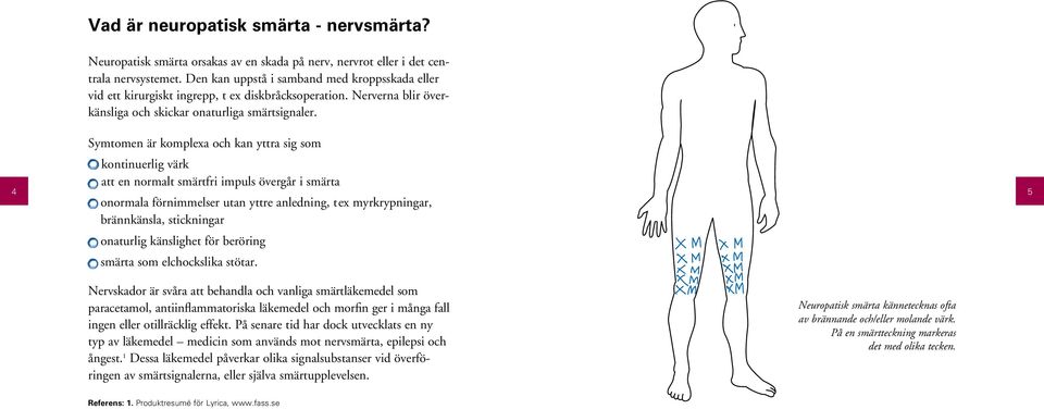 Symtomen är komplexa och kan yttra sig som kontinuerlig värk att en normalt smärtfri impuls övergår i smärta onormala förnimmelser utan yttre anledning, t ex myrkrypningar, brännkänsla, stickningar