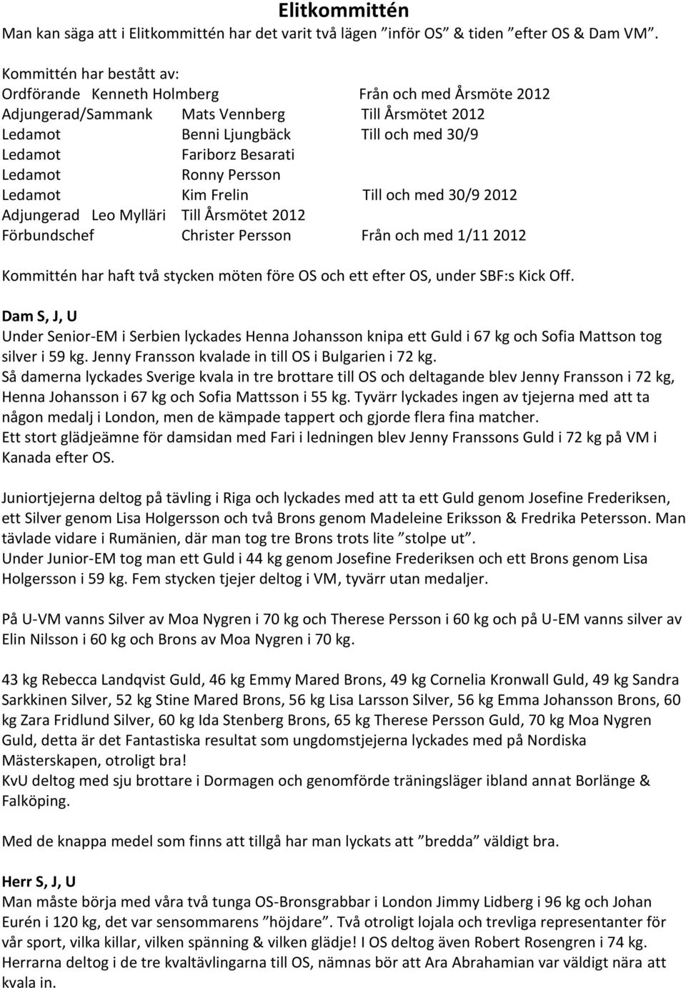 Ledamot Ronny Persson Ledamot Kim Frelin Till och med 30/9 2012 Adjungerad Leo Mylläri Till Årsmötet 2012 Förbundschef Christer Persson Från och med 1/11 2012 Kommittén har haft två stycken möten