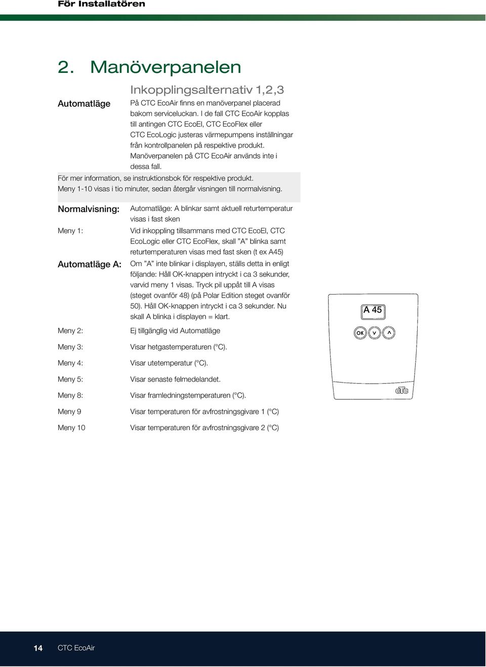 Manöverpanelen på CTC EcoAir används inte i dessa fall. För mer information, se instruktionsbok för respektive produkt. Meny 1-10 visas i tio minuter, sedan återgår visningen till normalvisning.