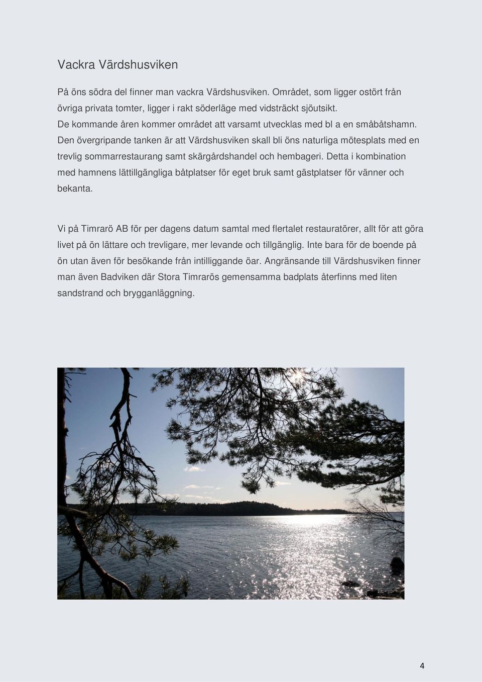 Den övergripande tanken är att Värdshusviken skall bli öns naturliga mötesplats med en trevlig sommarrestaurang samt skärgårdshandel och hembageri.