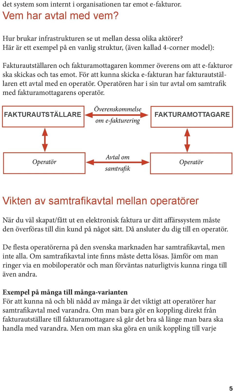 För att kunna skicka e-fakturan har fakturautställaren ett avtal med en operatör. Operatören har i sin tur avtal om samtrafik med fakturamottagarens operatör.