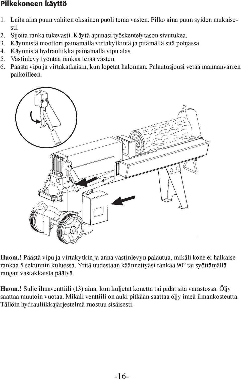 Päästä vipu ja virtakatkaisin, kun lopetat halonnan. Palautusjousi vetää männänvarren paikoilleen. Huom.